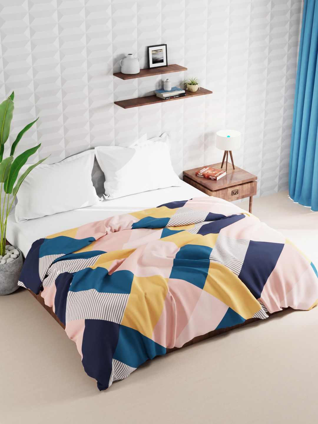 BIANCA Blue & Yellow Geometric Microfiber AC Room Double Bed Comforter Price in India
