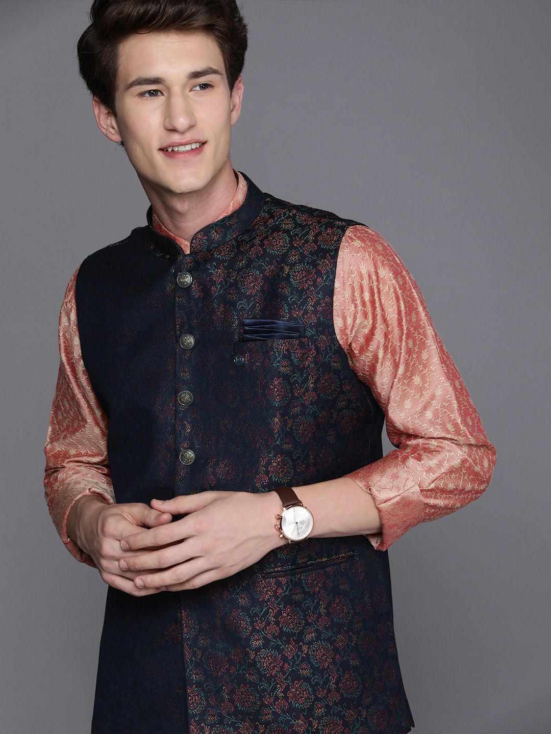 Manyavar Men Navy Blue & Maroon Printed Nehru Jacket
