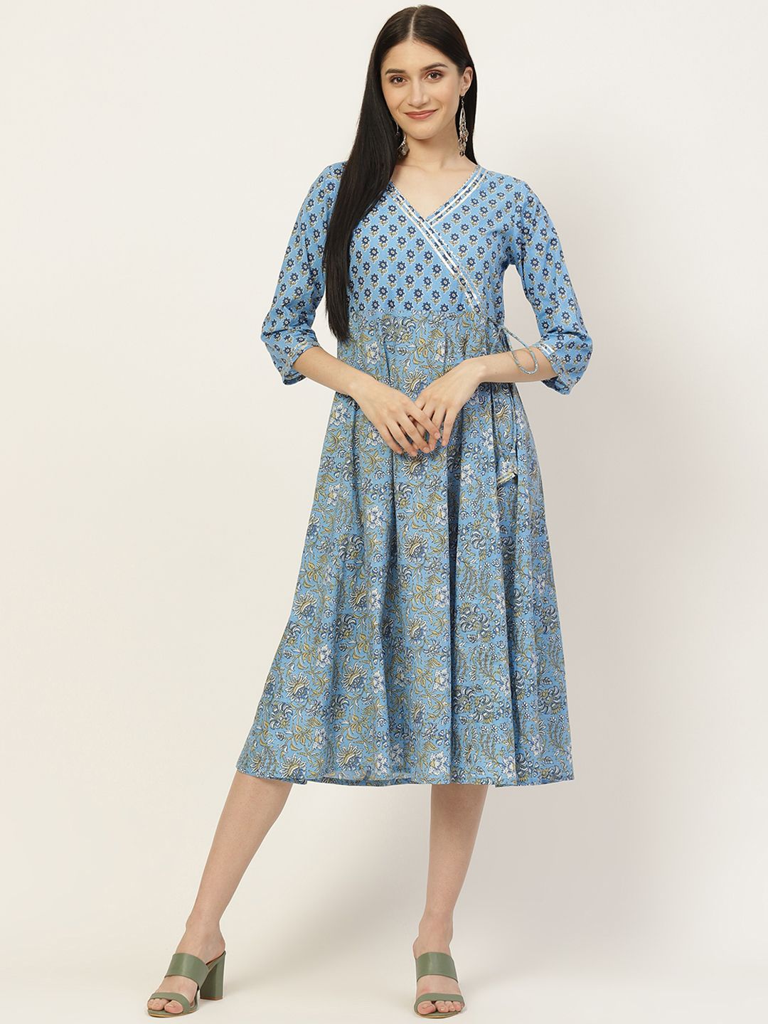 Maaesa Blue & Green Floral Printed Ethnic Midi Wrap Dress Price in India