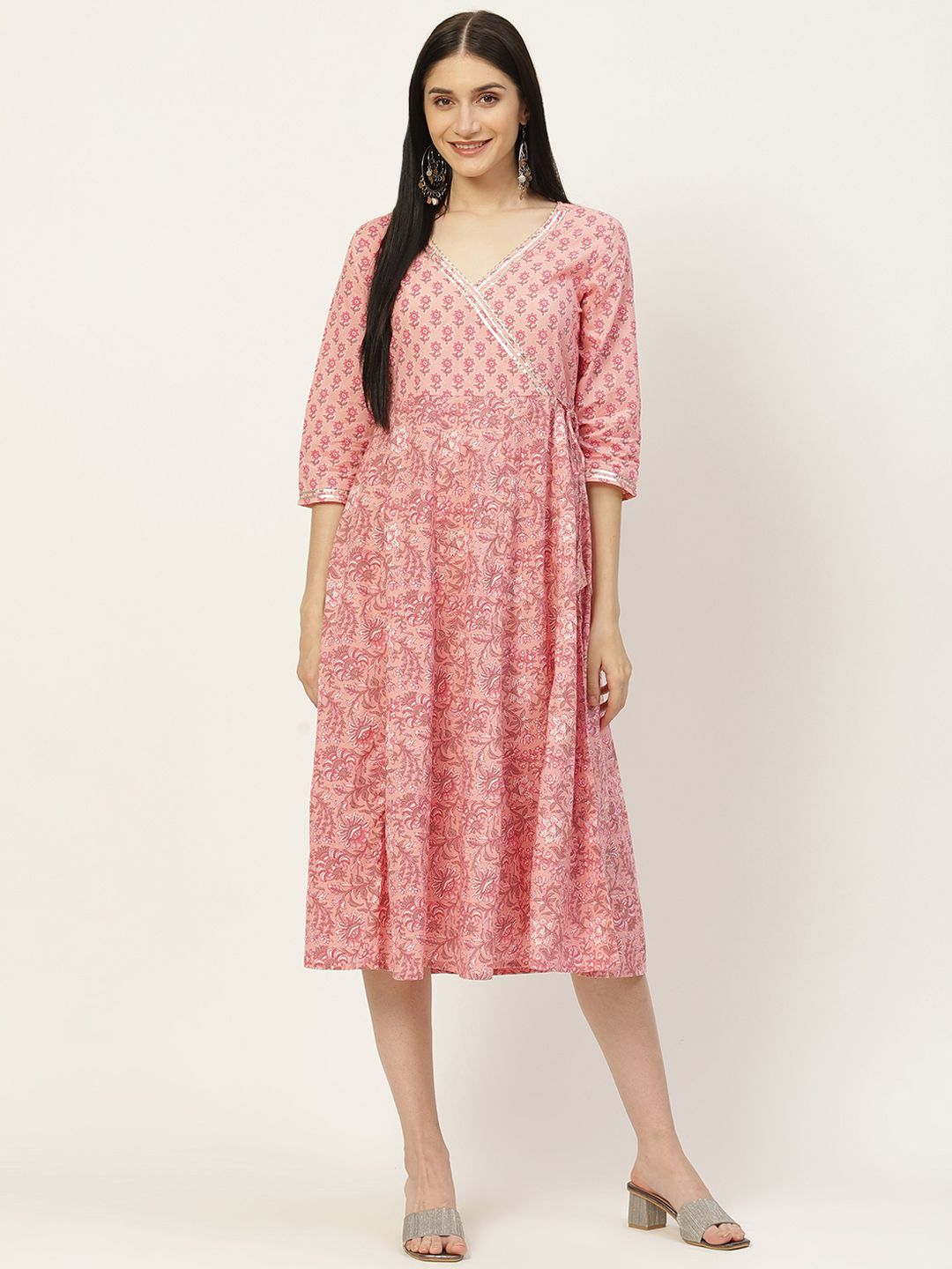 Maaesa Pink Ethnic Motifs Printed Midi Wrap Dress Price in India