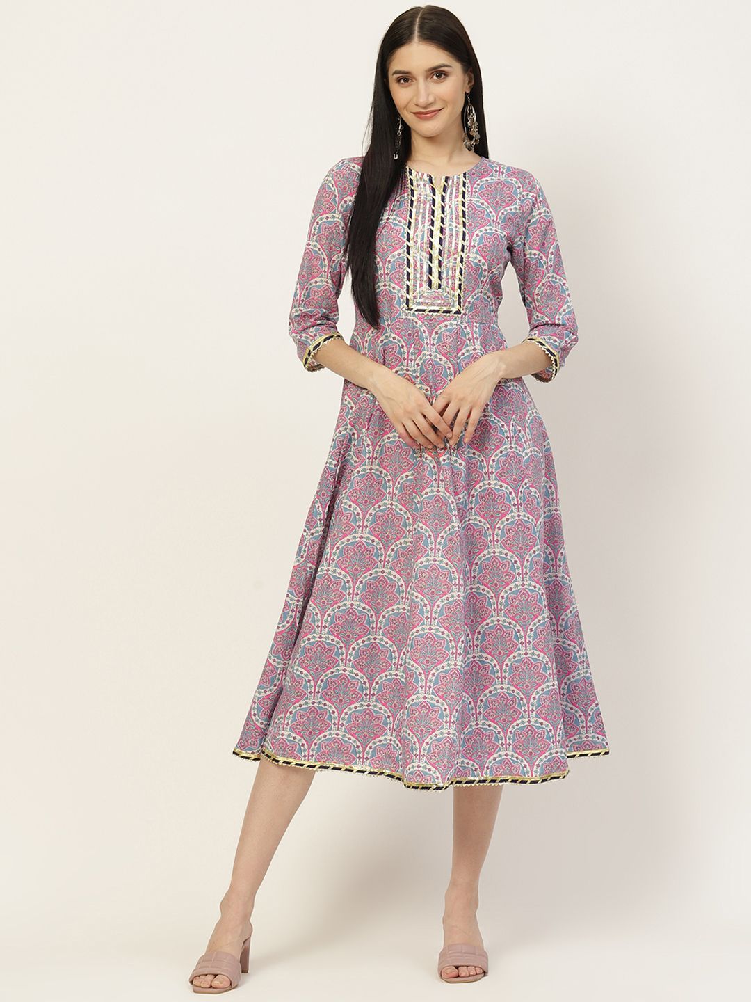 Maaesa Blue & Pink Ethnic Motifs Printed A-Line Midi Dress Price in India