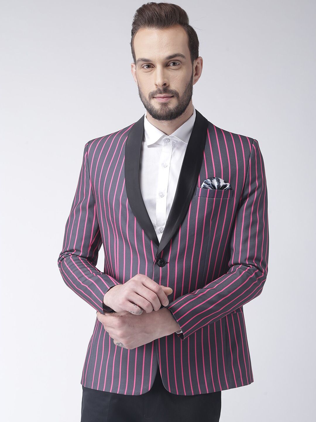 hangup trend Men Purple & Pink Striped Tuxedo Party Blazer