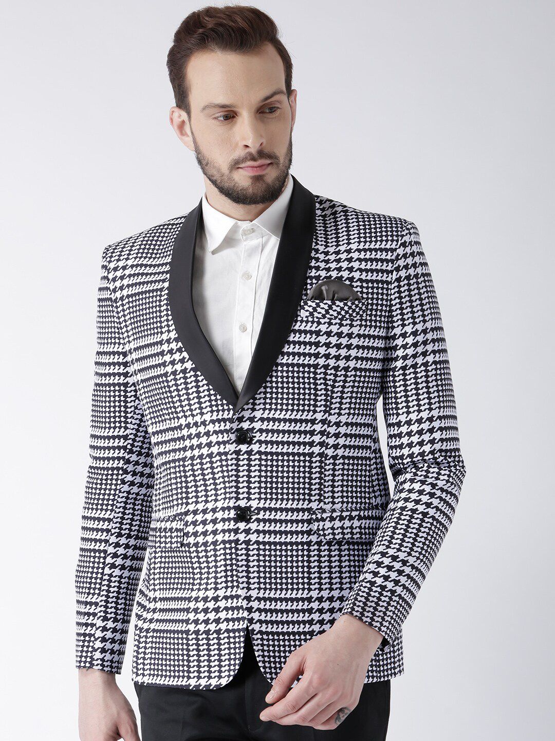 hangup trend Men Black & White Checked Regualar Fit Single Breasted Formal Blazer