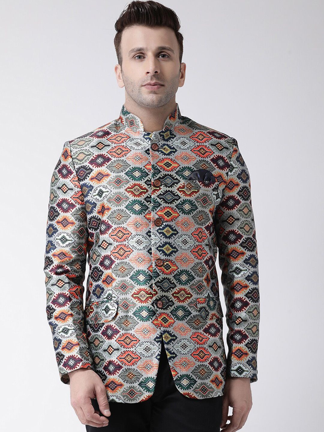 hangup trend Men Beige Printed Single-Breasted Bandhgala Blazer