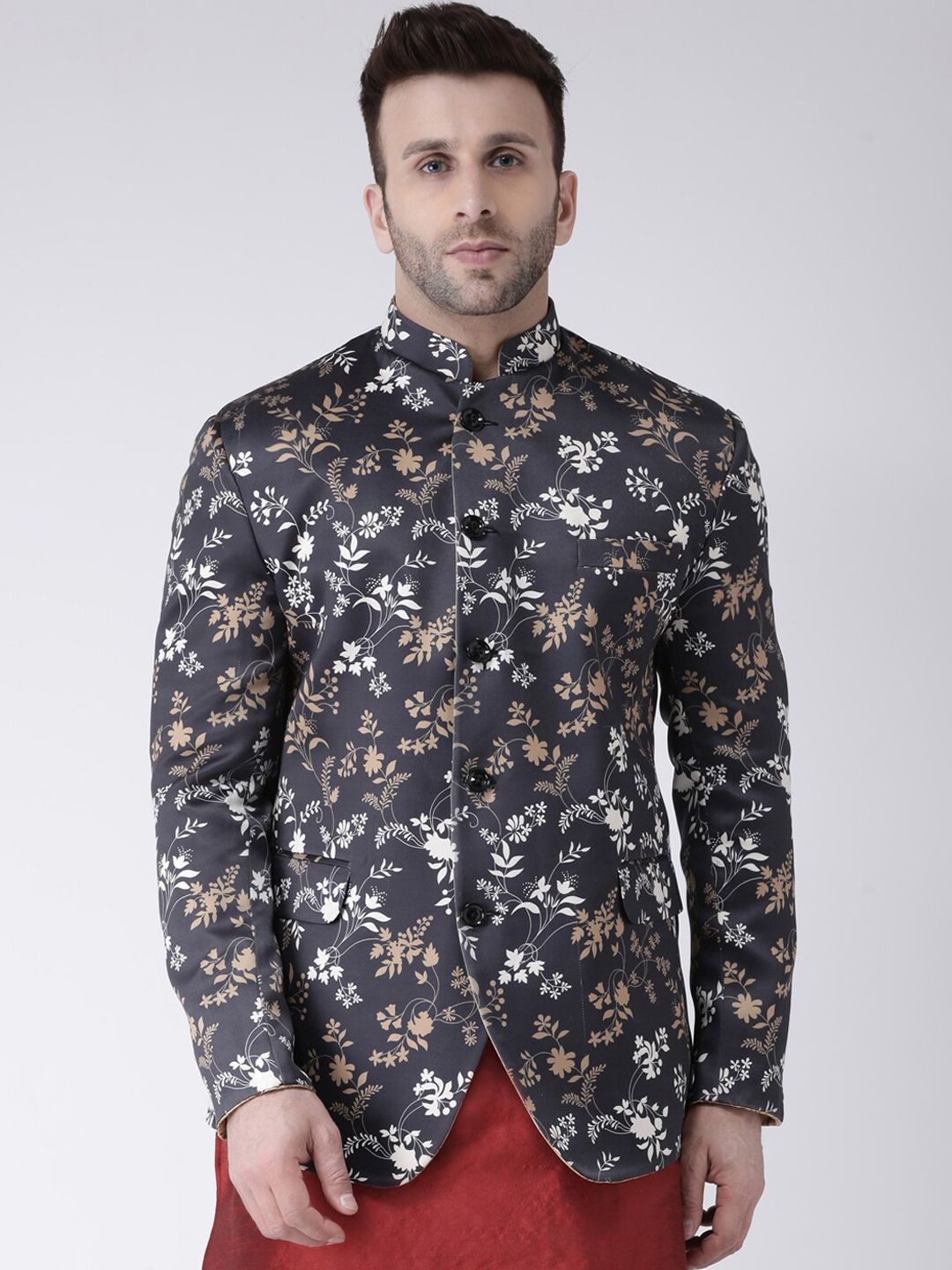 Hangup trend Men Black Floral Regular Printed Bandhgala Blazer