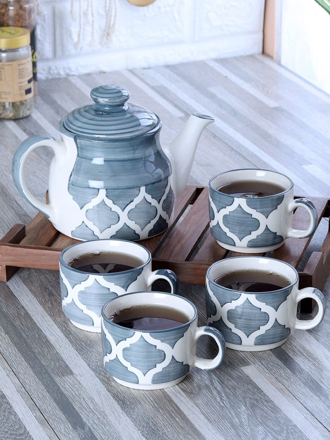 CDI Set of 4 Geometric Printed Ceramic Glossy Kettle Cups and Mugs Price in India