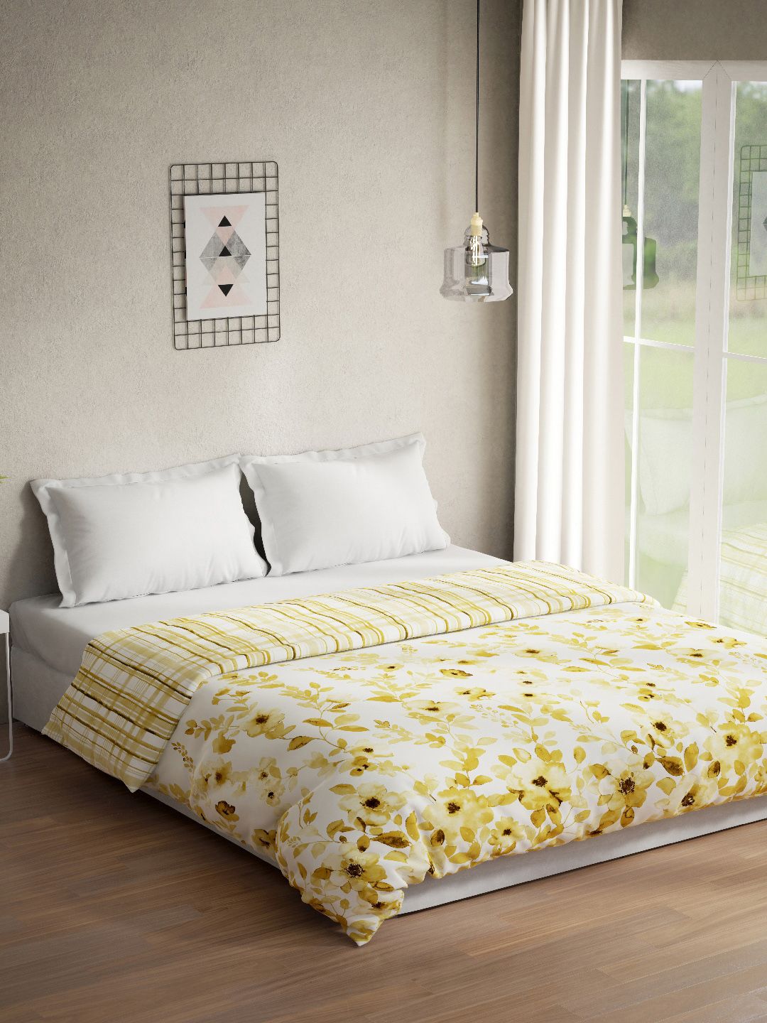 DDecor Yellow Floral Pure Cotton 150 GSM Reversible Duble Quilt Price in India