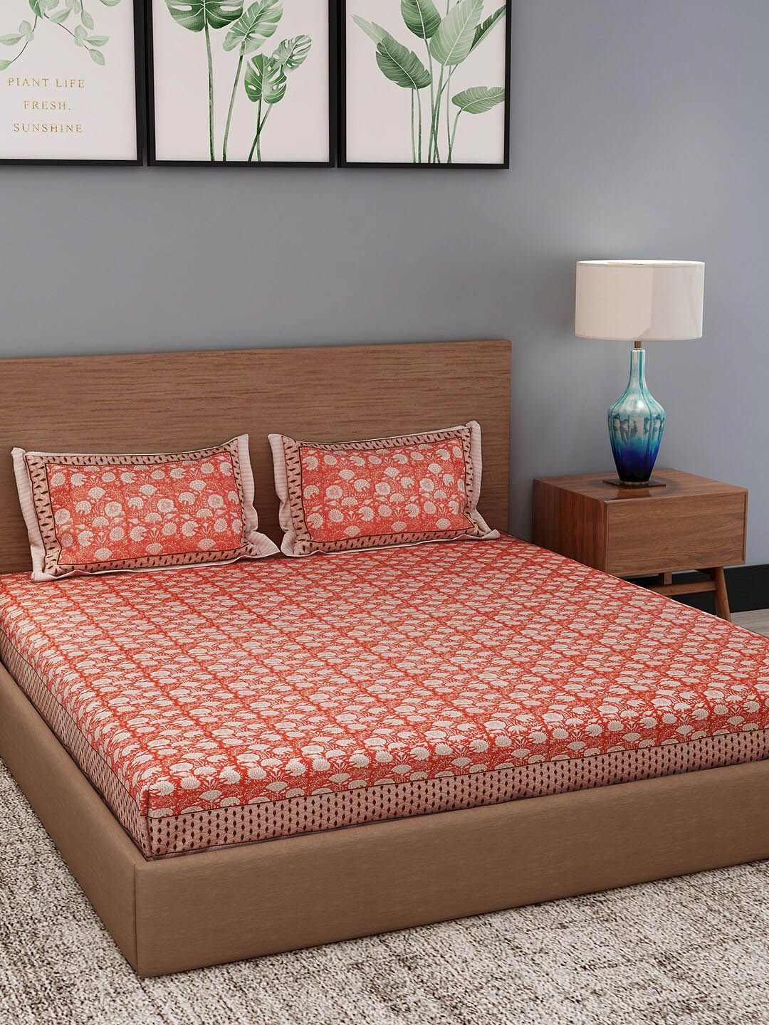 Rajasthan Decor Orange & White 144 TC Floral Cotton King Bedsheet with 2 Pillow Covers Price in India