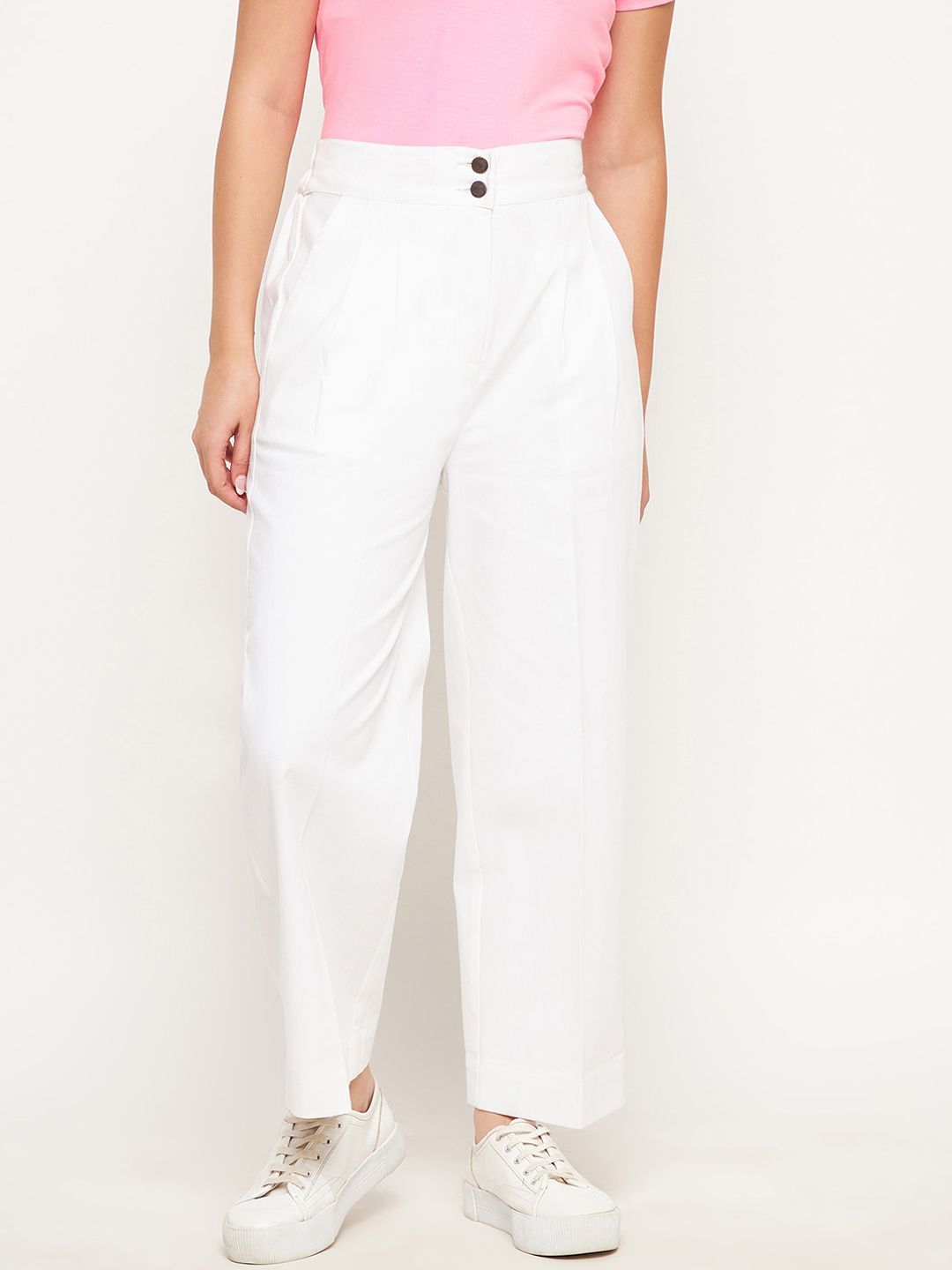 WineRed Women White Straight Fit High-Rise Easy Wash Pleated Trousers Price in India