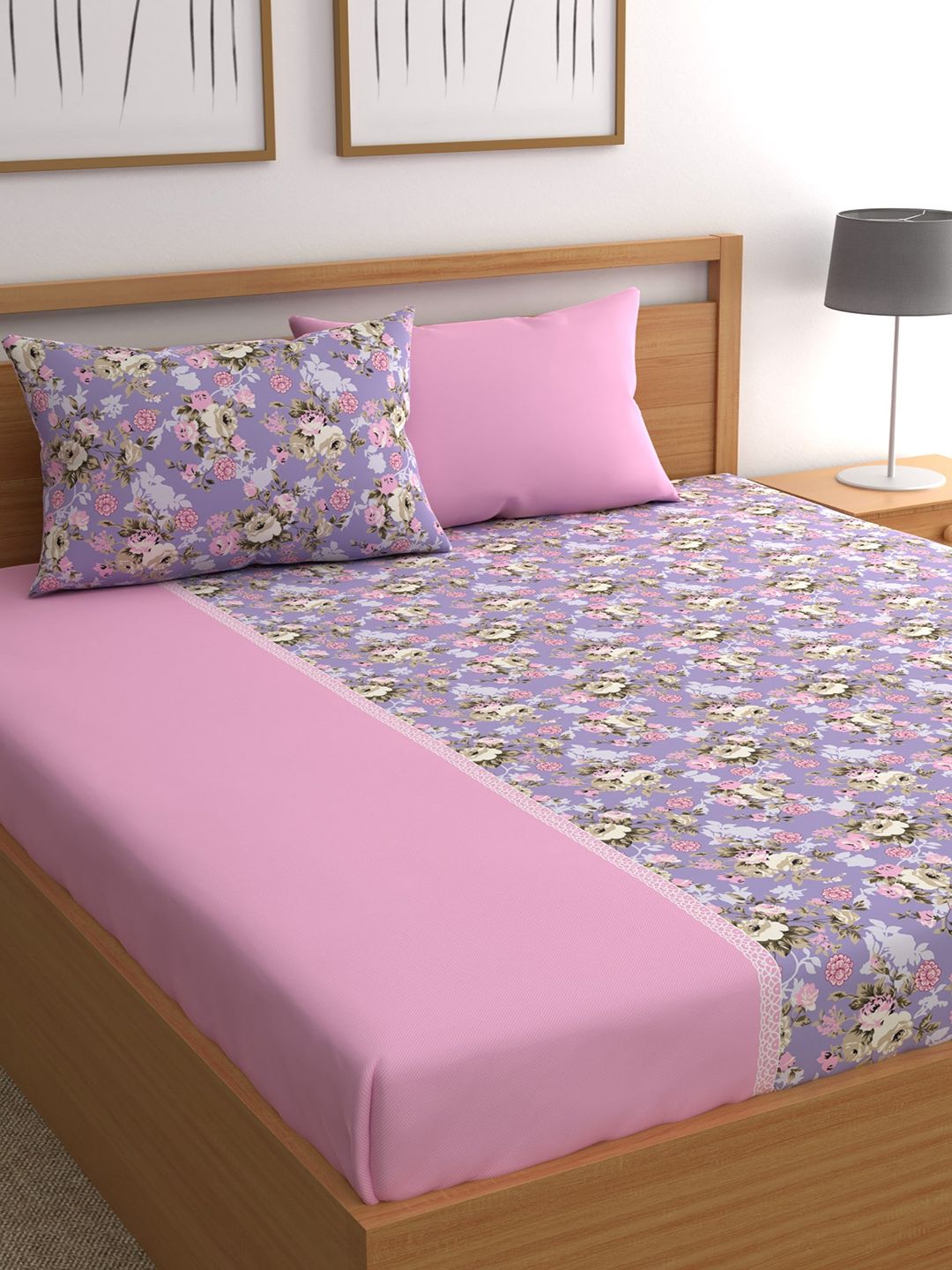 CHHAVI INDIA Purple & Pink 210 TC Floral Queen Bedsheet with 2 Pillow Covers Price in India