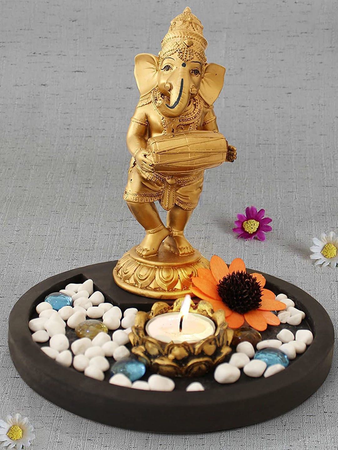 TIED RIBBONS Gold-Toned Ganesha Idol with Tray Stones & Tealight Candle Holder Showpiece Price in India