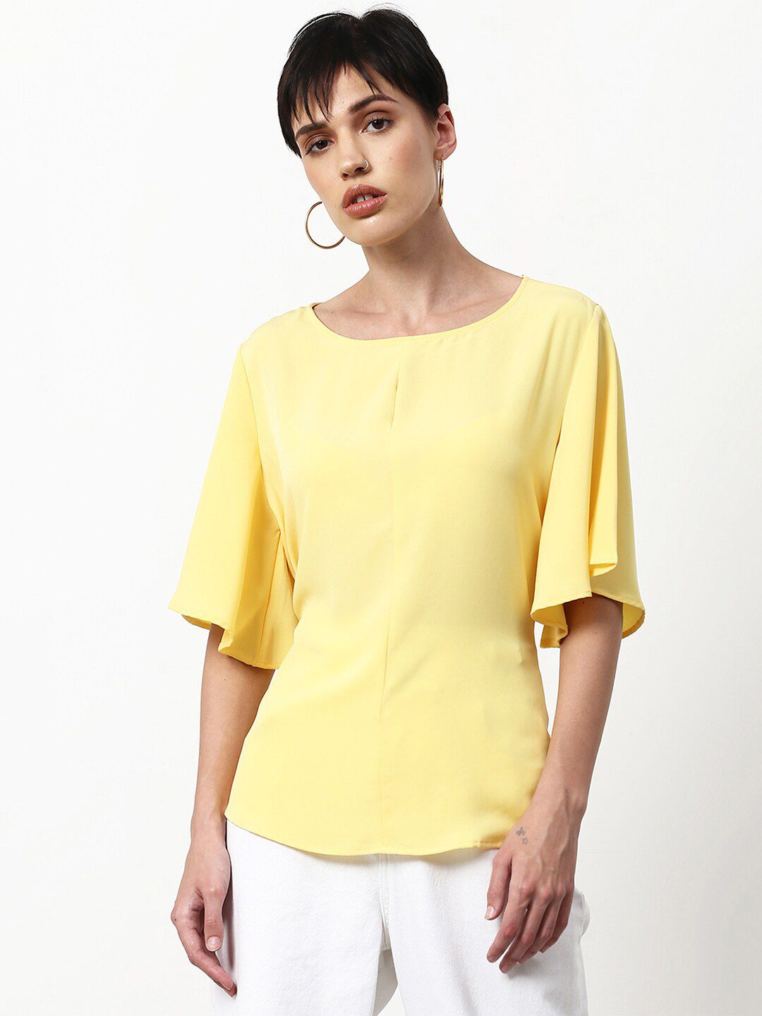 abof Women Yellow Solid Boat Neck Top Price in India
