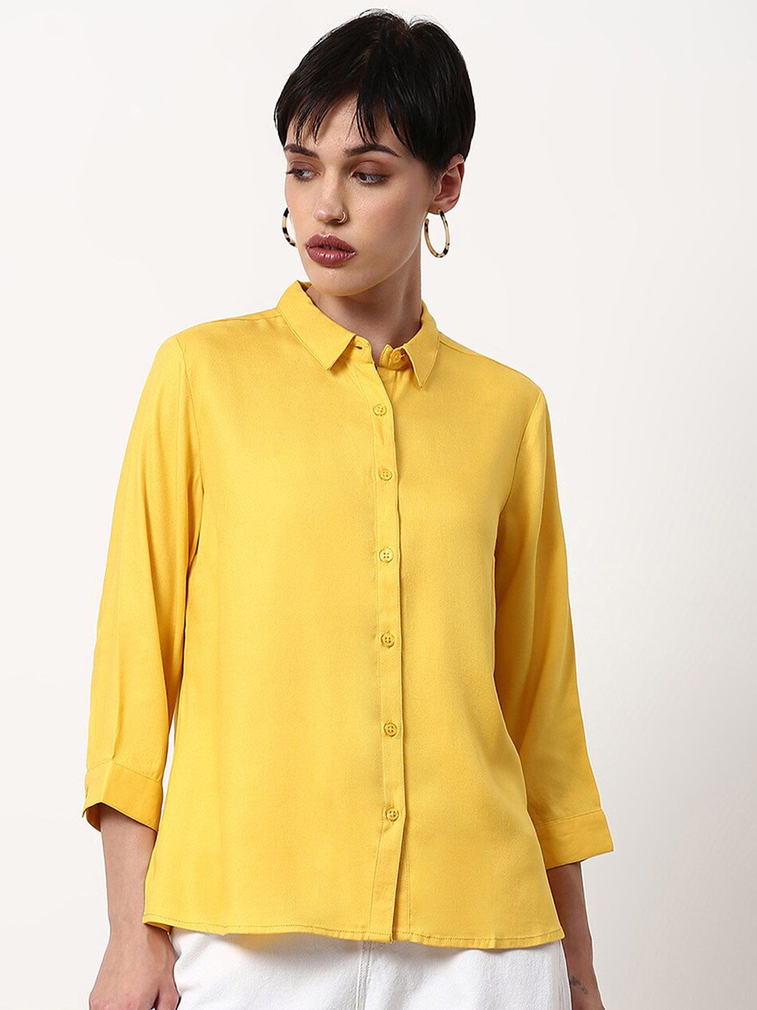 abof Yellow Solid Shirt Style Top Price in India