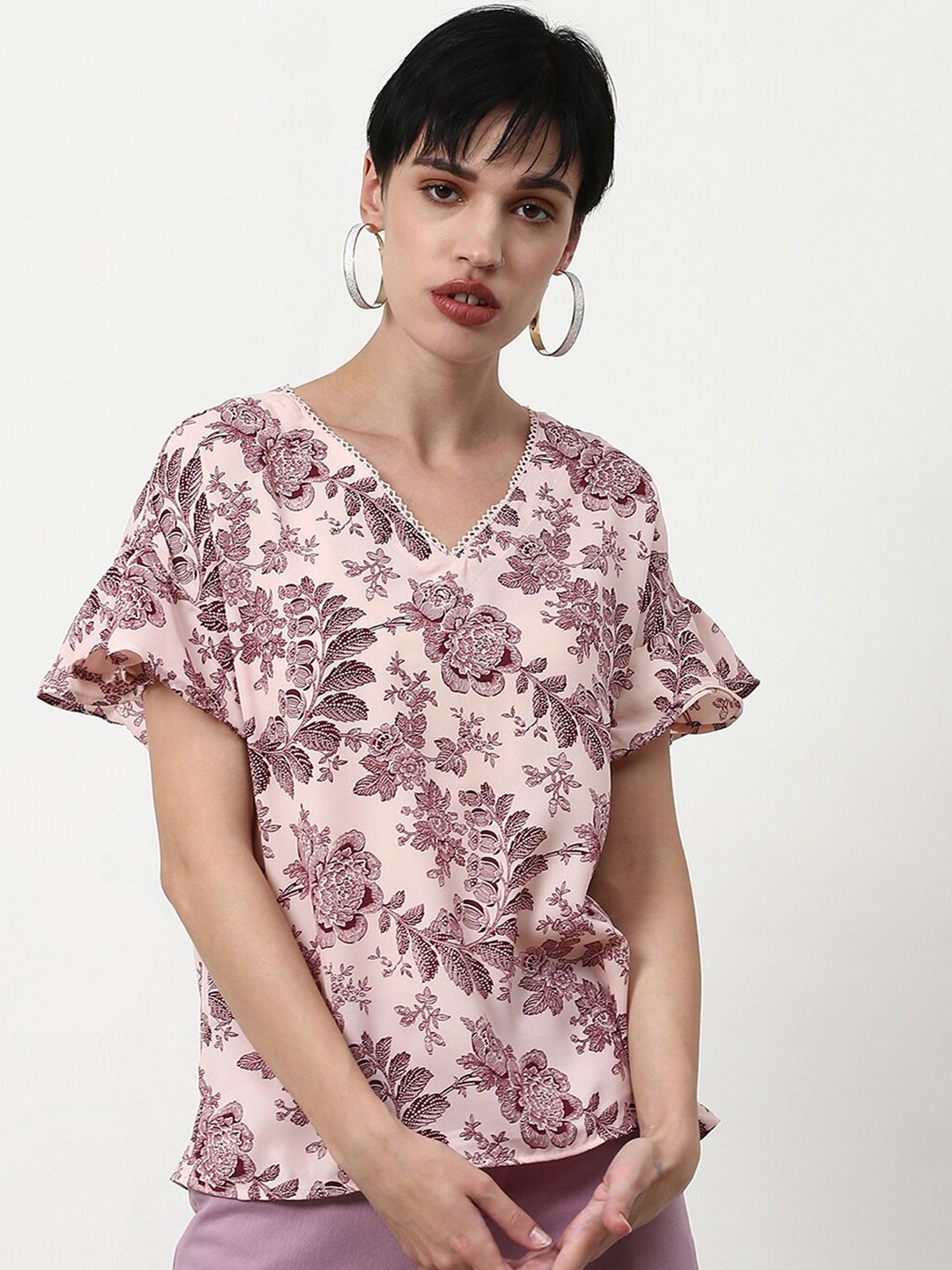 abof Women Pink Floral Print V-Neck Top Price in India