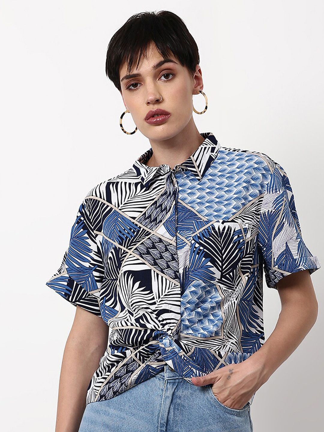 abof Women Blue & White Print Twisted Shirt Style Top Price in India