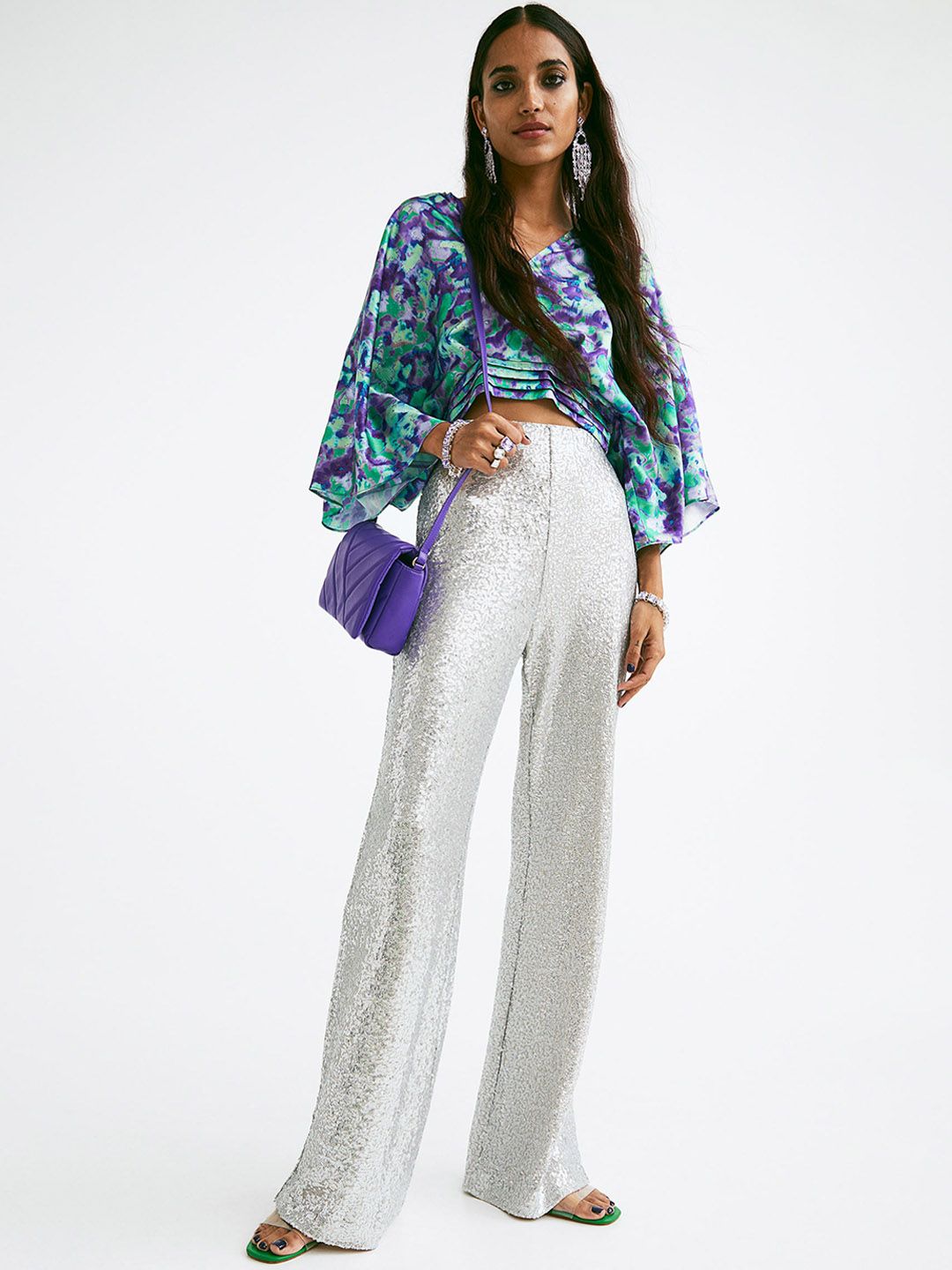 H&M Women Silver-Coloured Flared Sequined Trousers Price in India