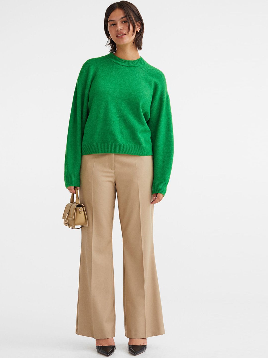 H&M Women Beige Flared Tailored Trousers Price in India