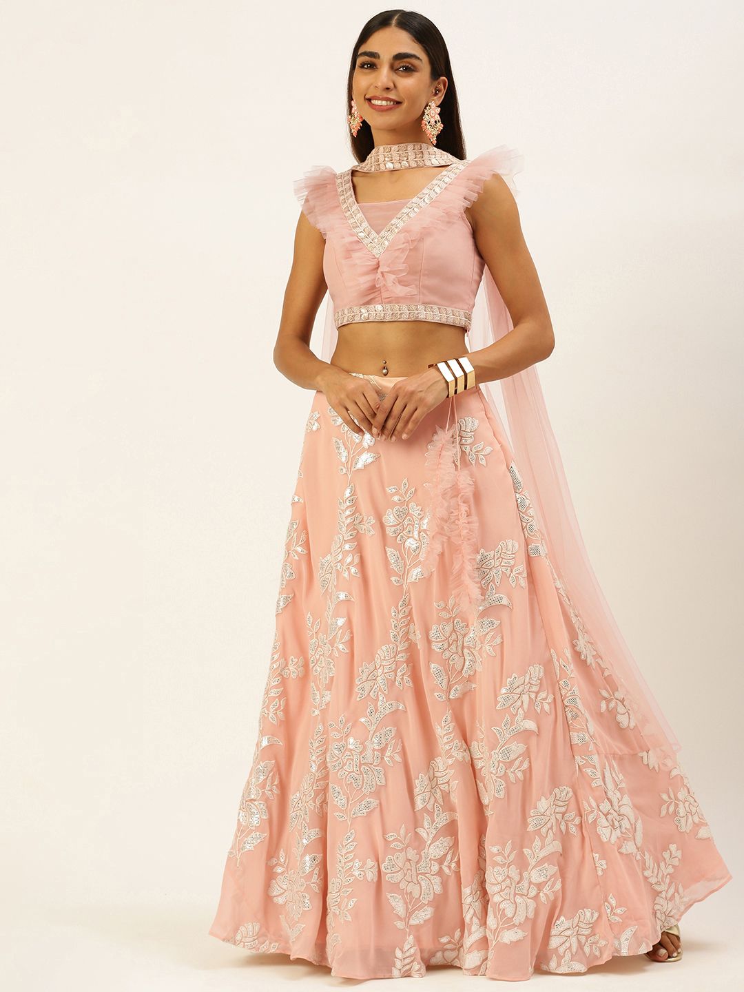 EthnoVogue Pink & Peach-Coloured Embellished Made to Measure Lehenga & Blouse With Dupatta Price in India