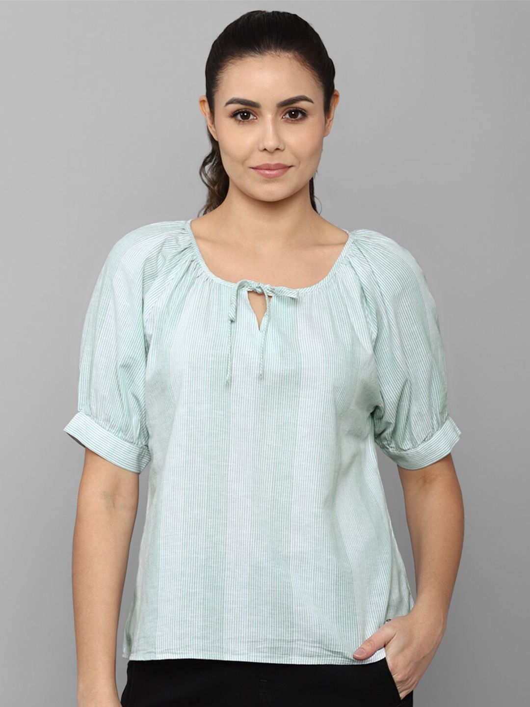 Allen Solly Woman Striped Linen Cotton Tie-Up Neck Top Price in India