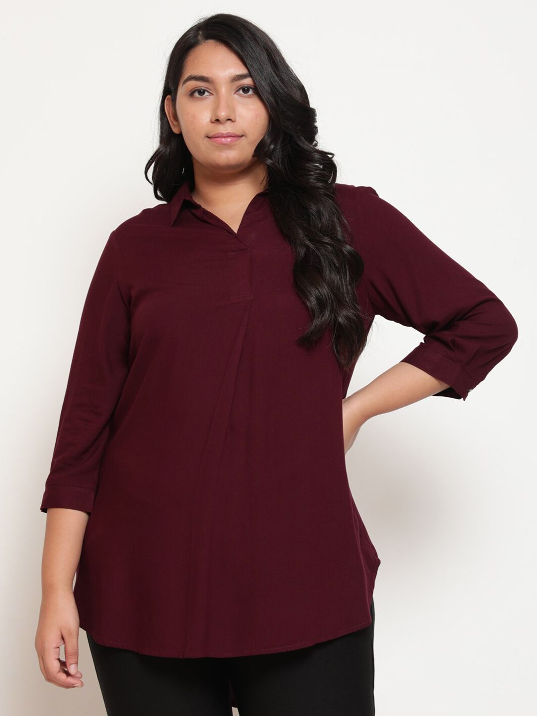 Amydus Plus Size Women Maroon Shirt Style Top Price in India