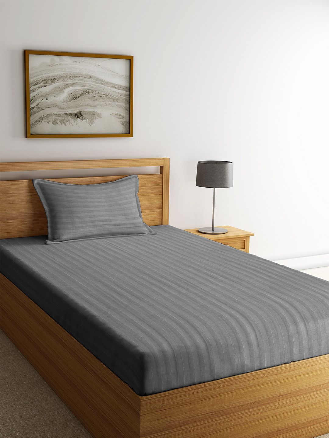 SOKNACK Grey Striped 300 TC Single Bedsheet with 1 Pillow Covers Price in India