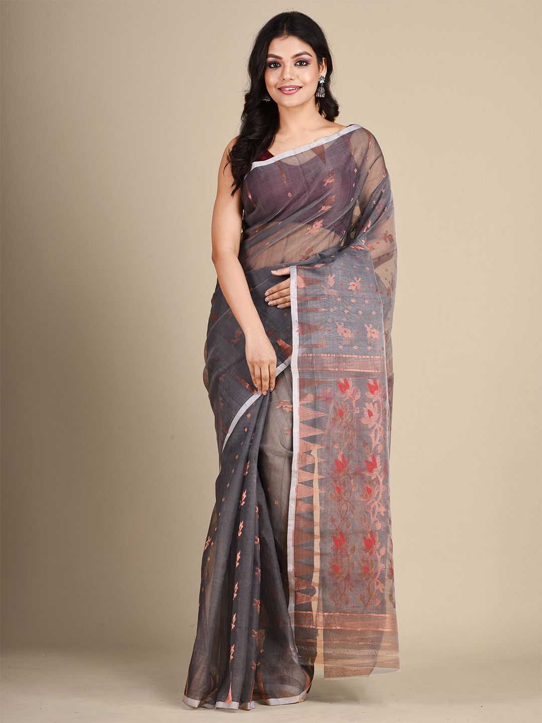 Arhi Grey & Copper-Toned Floral Zari Silk Cotton Saree Price in India