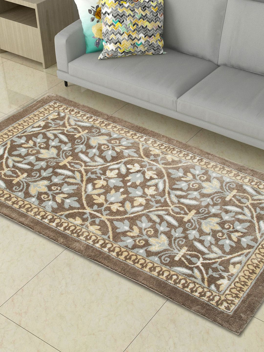 Home Centre Brown & Grey Floral Printed Rectangle Anti-Skid Area Carpet Price in India