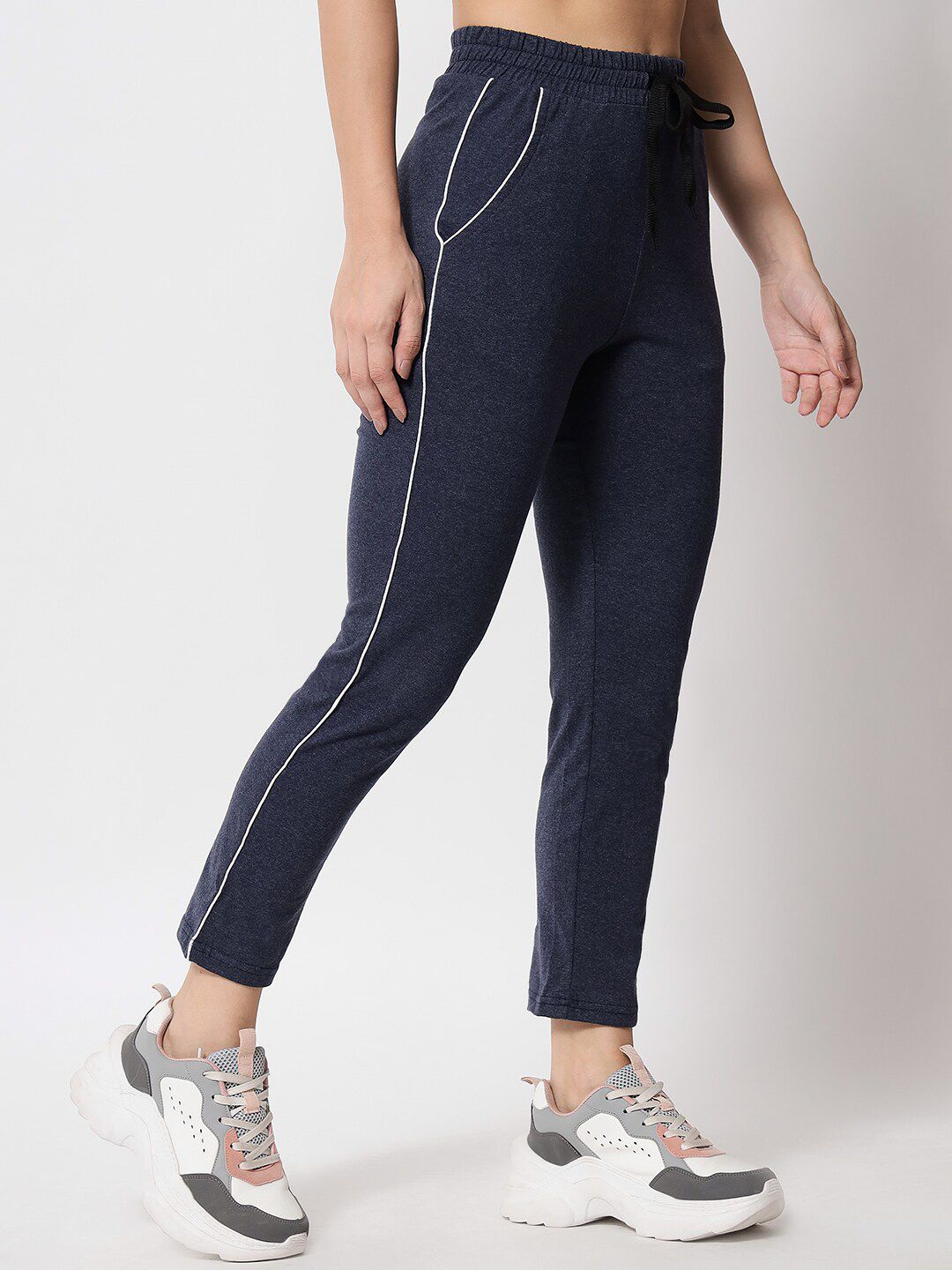 Q-rious Women Navy Blue Regular Fit Solid Track Pants Price in India
