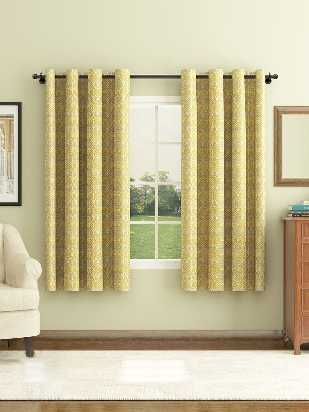 HomeTown Set of 2 Mustard & Olive Green Floral Room Darkening Window Curtain Price in India
