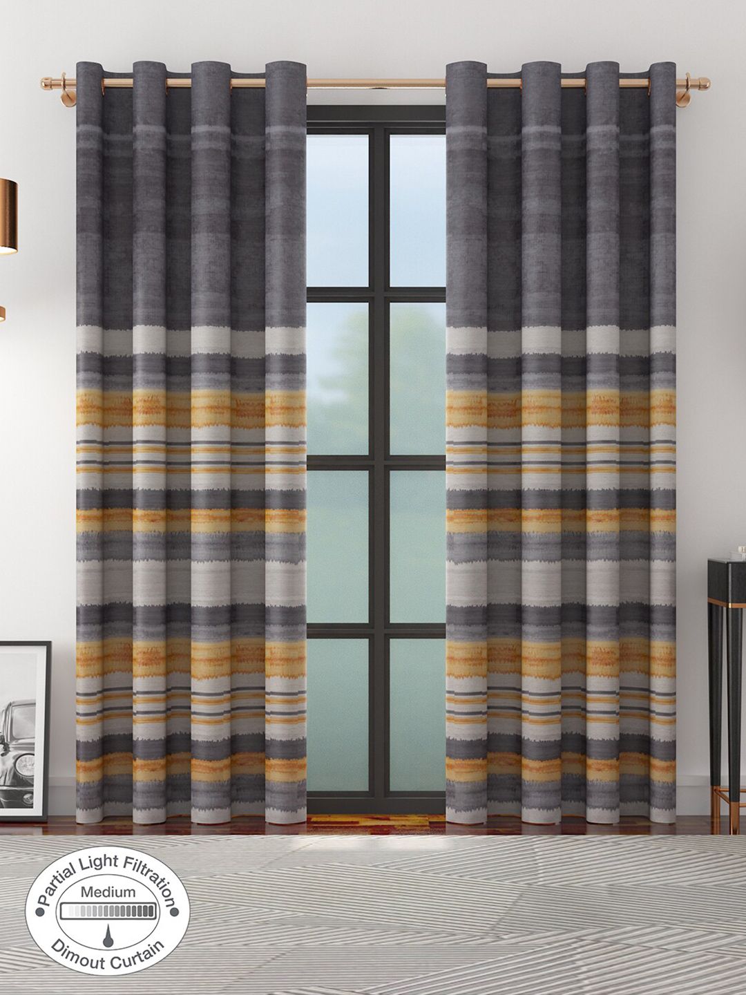 HomeTown Set of 2 Charcoal & Orange Striped Door Curtain Price in India