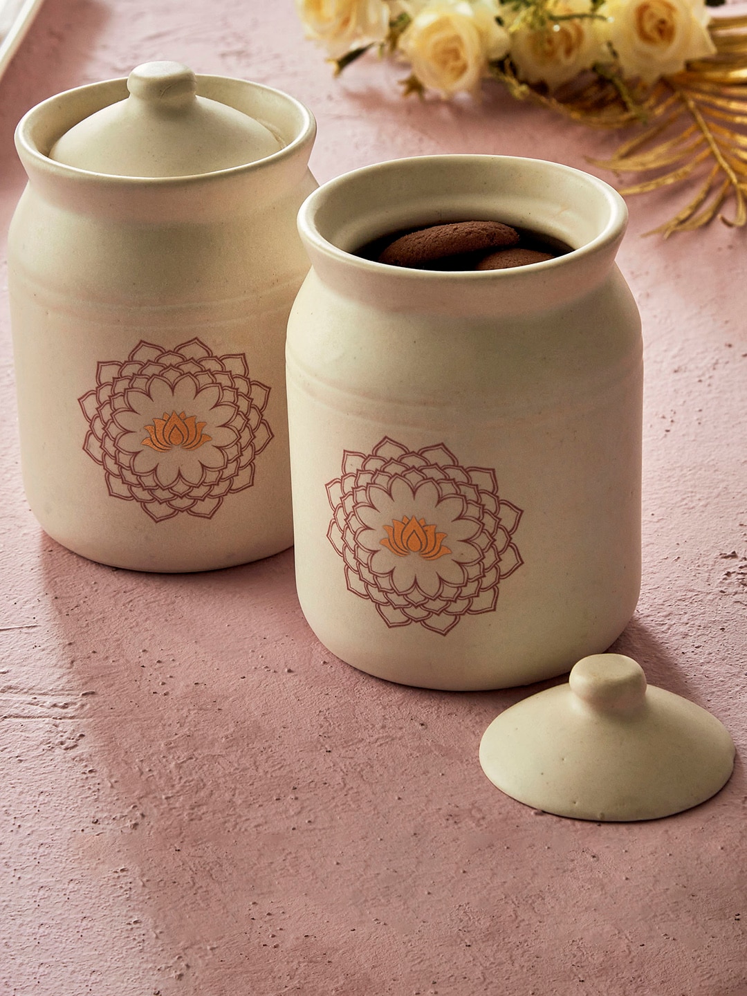 Home Centre Set Of 2 Cream Printed Stoneware Canisters Price in India