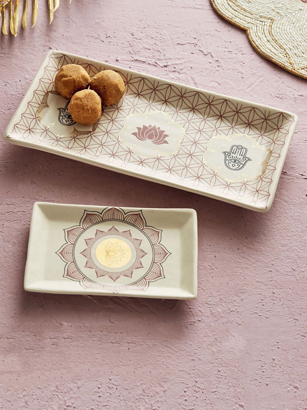 Home Centre Set Of 2 Cream Colored Printed Serveware Price in India