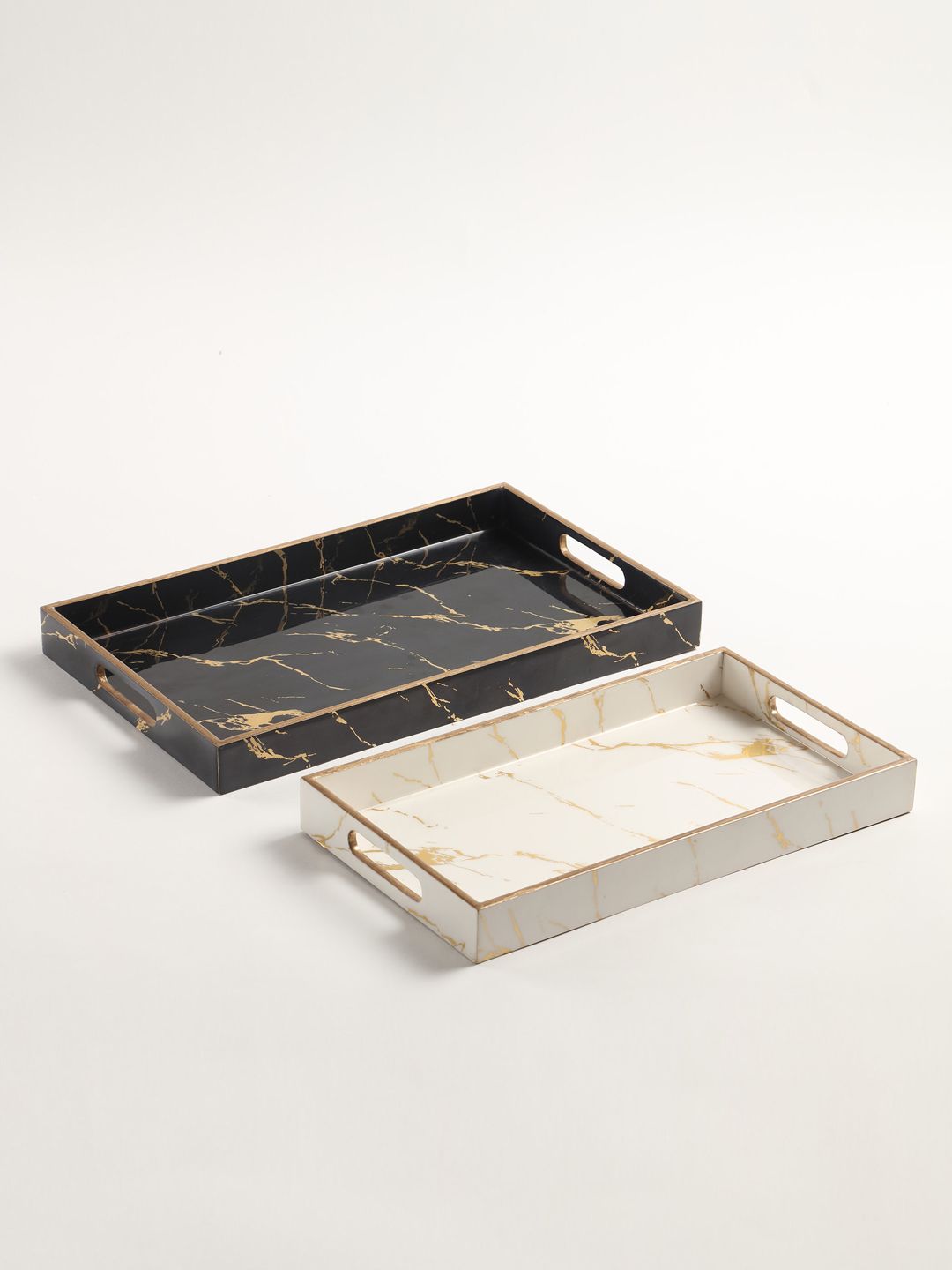 Home Centre Set Of 2 Black & White Printed Wooden Tray Price in India