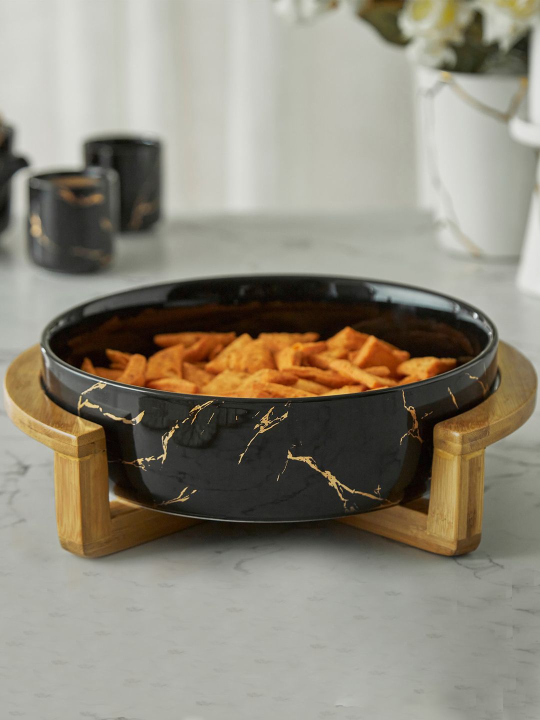 Home Centre Black Printed Stoneware Serving Bowl Price in India