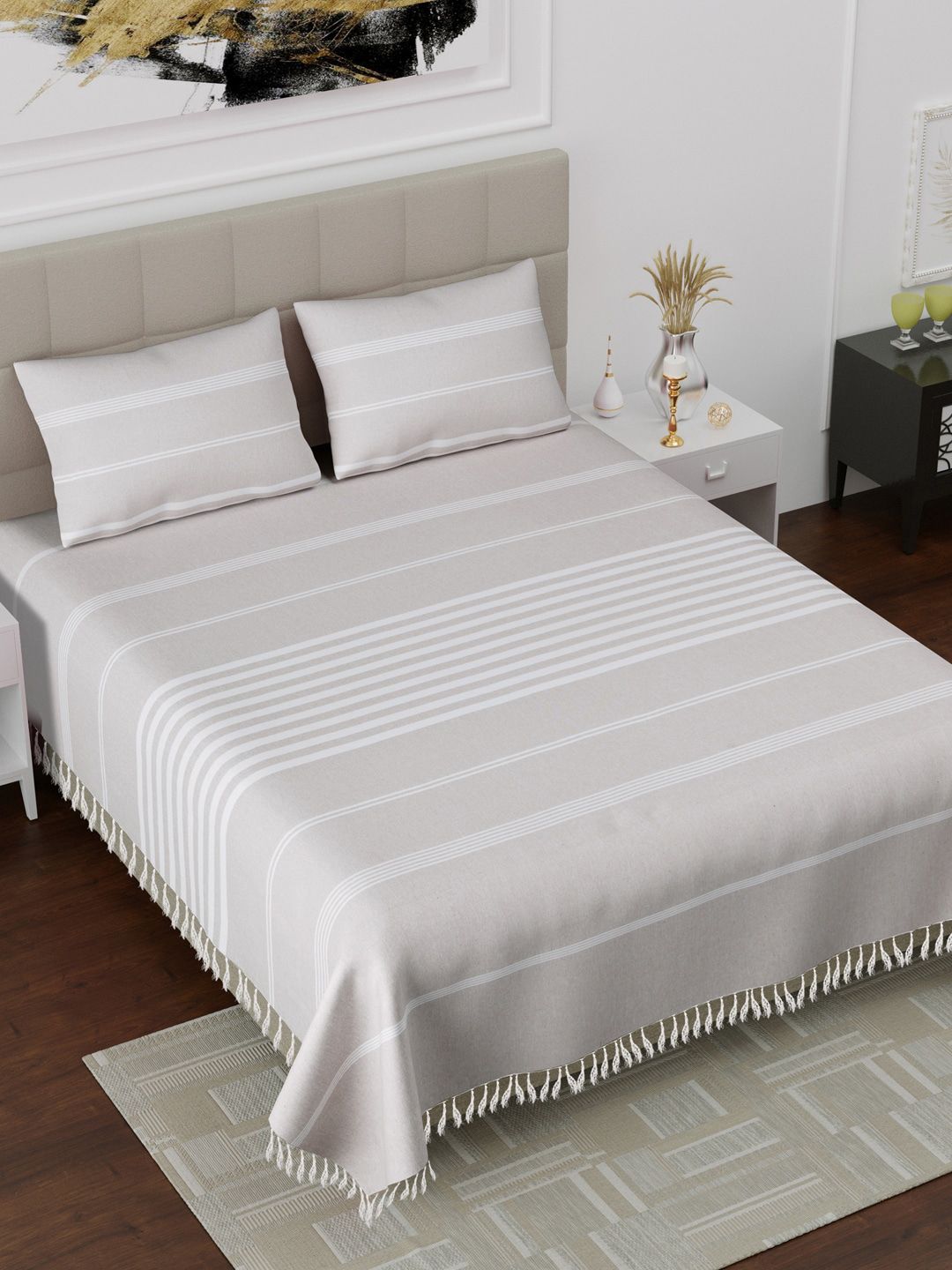 Varde Grey & Off White Striped 180 TC King Bedsheet with 2 Pillow Covers Price in India