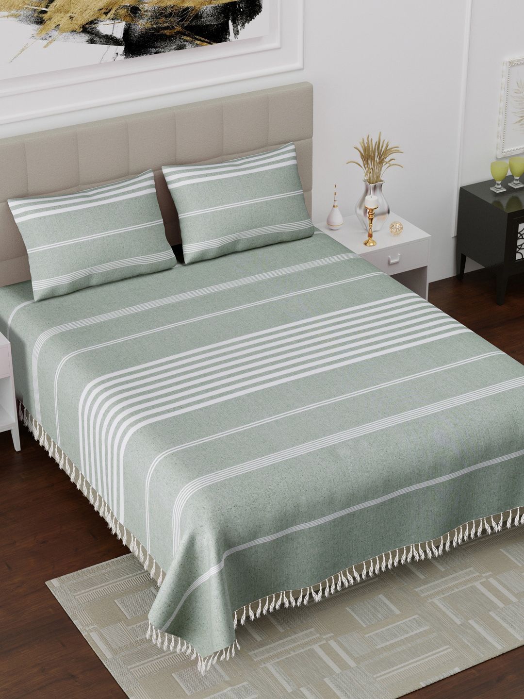 Varde Sea Green & Off White Striped 180 TC King Bedsheet with 2 Pillow Covers Price in India