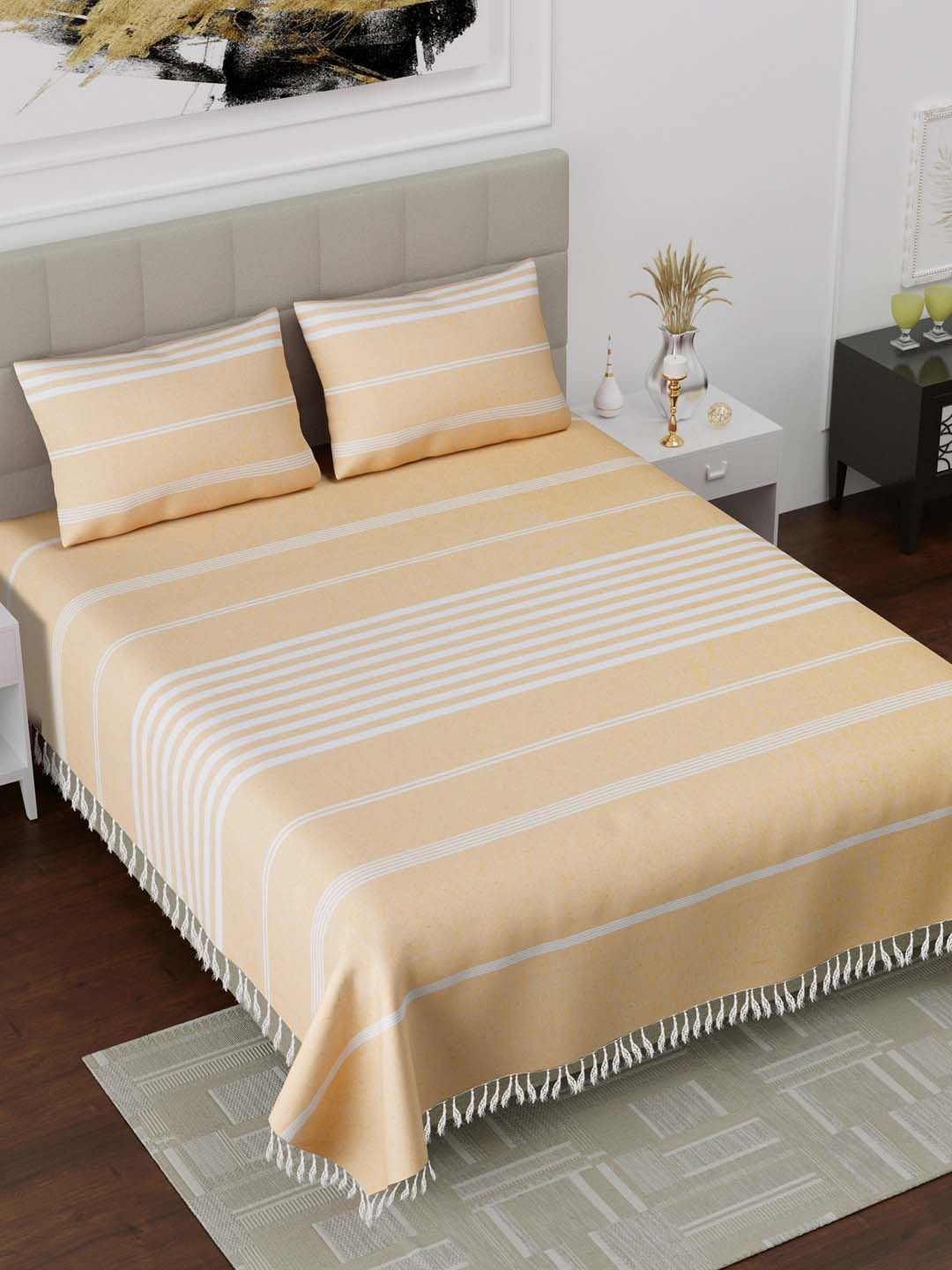 Varde Yellow & Off White Striped 180 TC Cotton King Bedsheet with 2 Pillow Covers Price in India