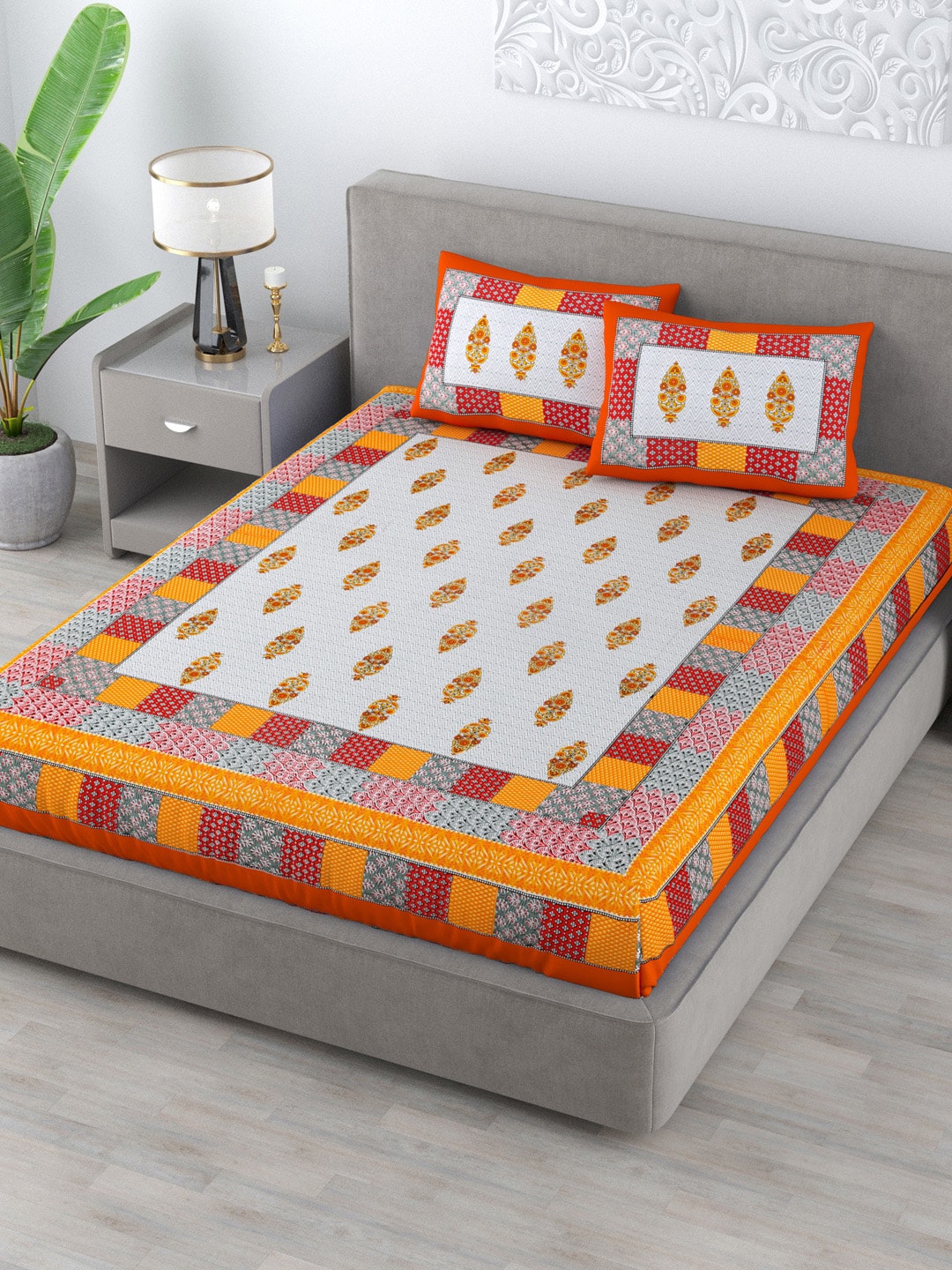 Varde White & Orange Ethnic Motifs 350 TC Queen Bedsheet with 2 Pillow Covers Price in India