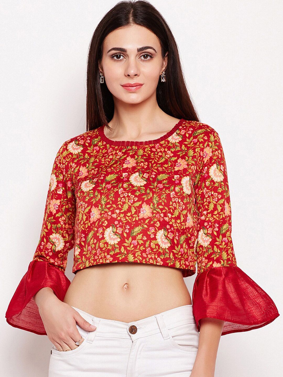 Be Indi Women Red Floral Print Pure Cotton Crop Top Price in India