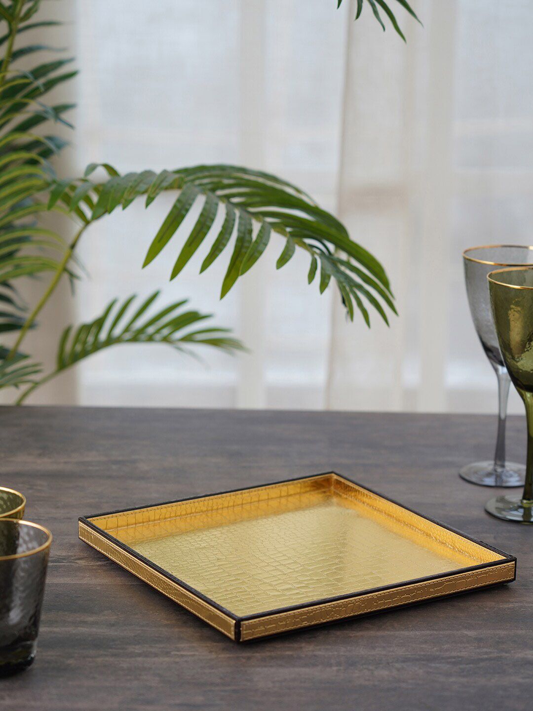 Pure Home and Living Gold-Toned Textured Serving Tray Price in India