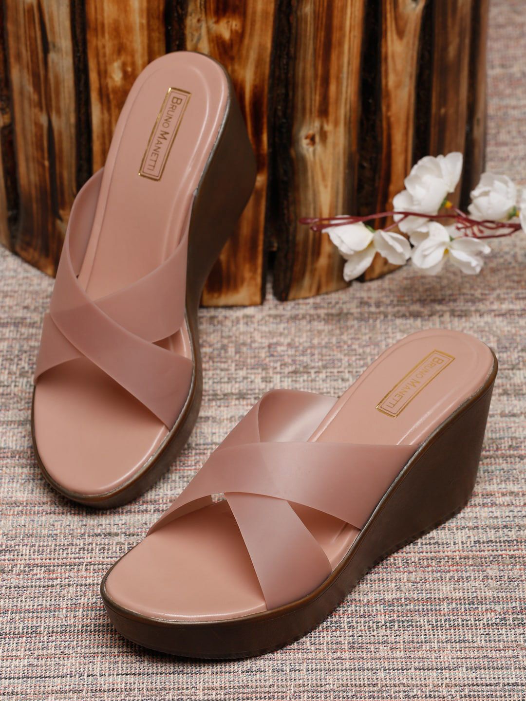 Bruno Manetti Nude-Coloured Solid PU Wedge Sandals