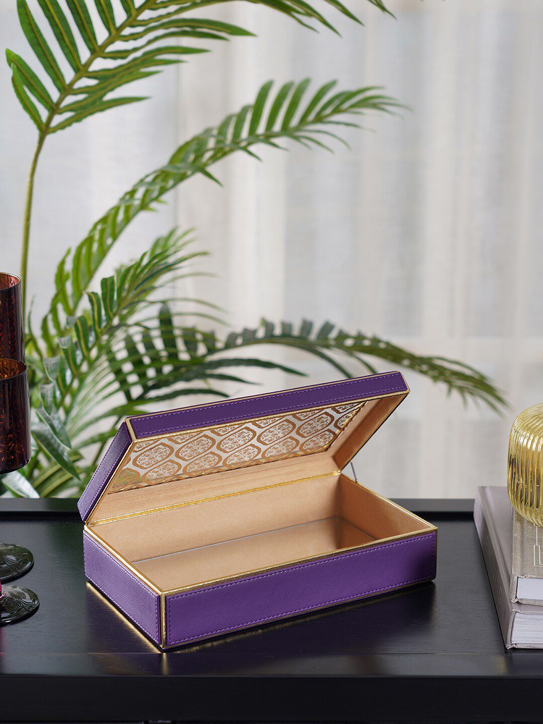 Pure Home and Living Purple & Gold-Toned Printed Lid Box Price in India