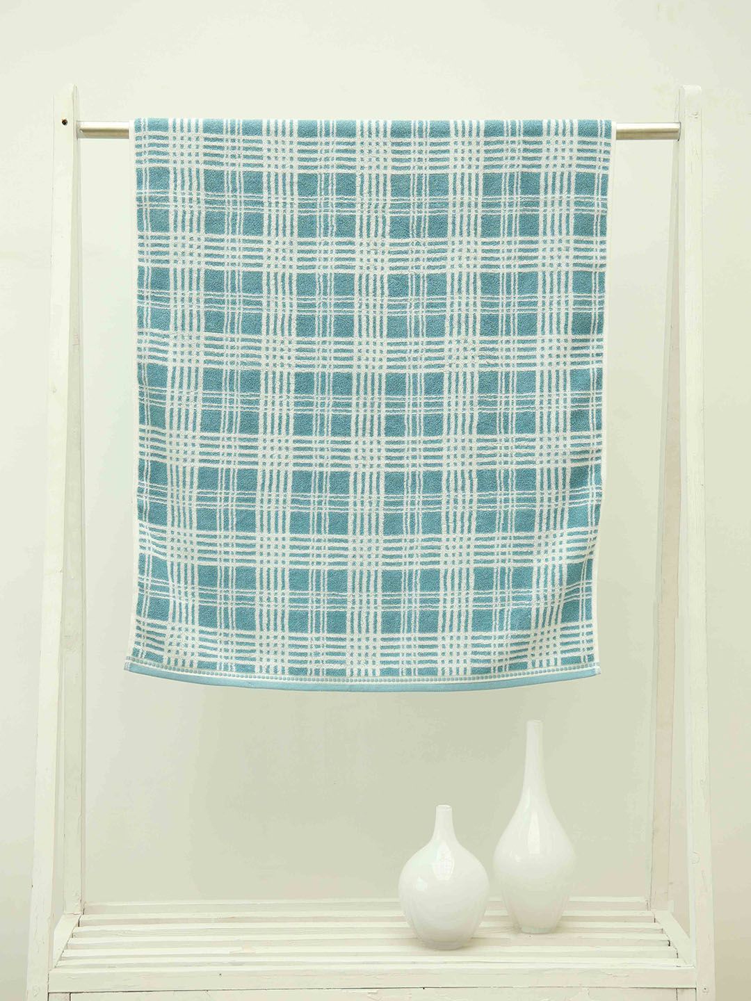 Ariana Turquoise Blue Checked GSM 500 Cotton Bath Towel Price in India
