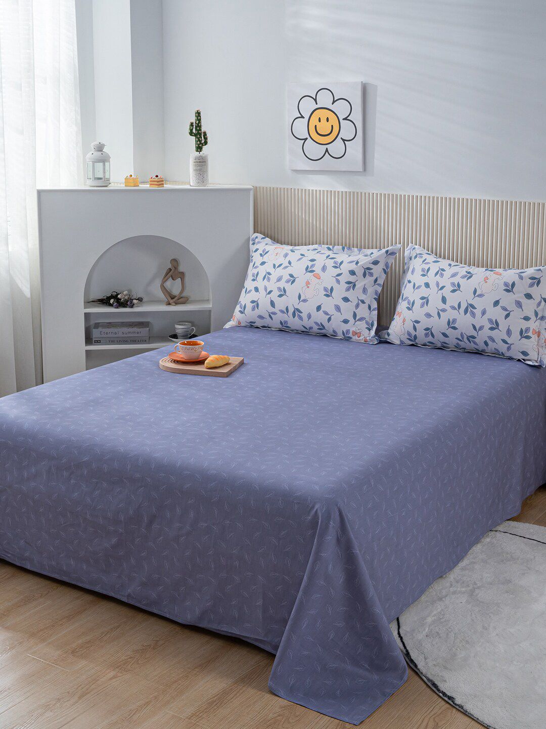 JC Collection Blue & White Printed Cotton Double Queen Bedding Set Price in India