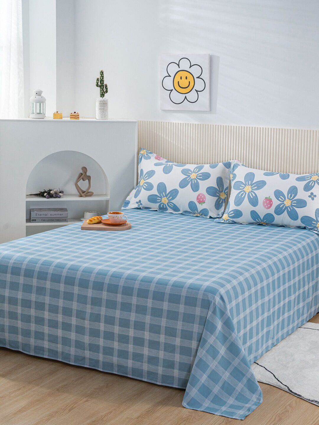 JC Collection Blue & White Checked Double Queen Pure Cotton Bed Covers With 2 Pillow Covers Price in India