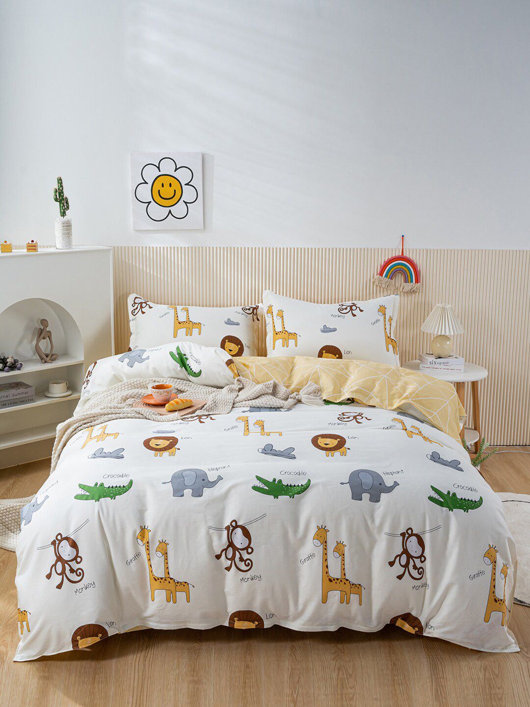 JC Collection Yellow & White Printed Pure Cotton Double Extra Large Bedding Set Price in India