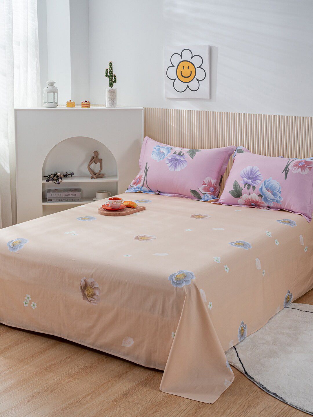 JC Collection Peach-Colored & Pink Printed Pure Cotton Double King Bedding Set With Quilt Price in India