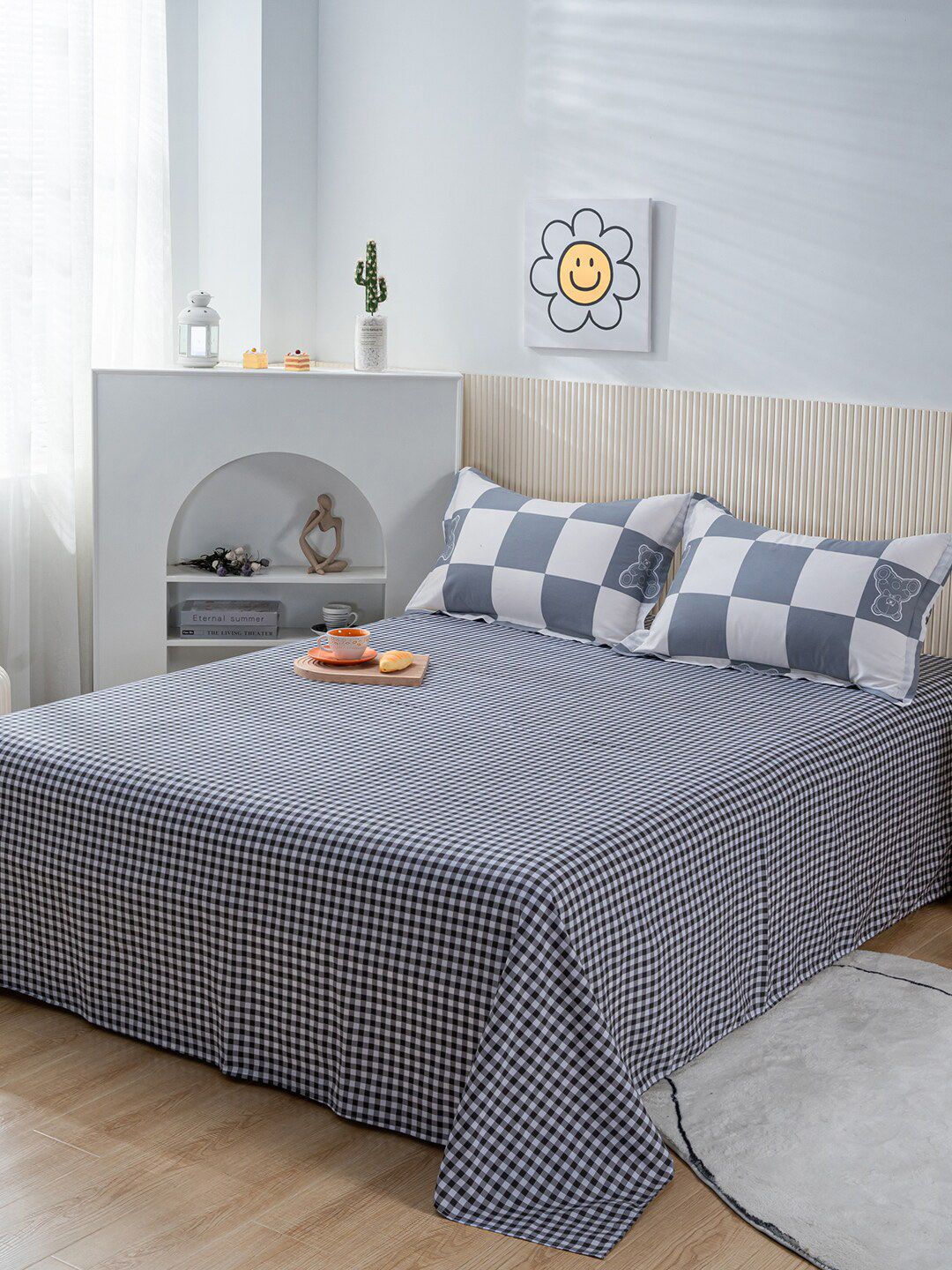 JC Collection Grey & White Checked Pure Cotton Double King Bedding Set Price in India