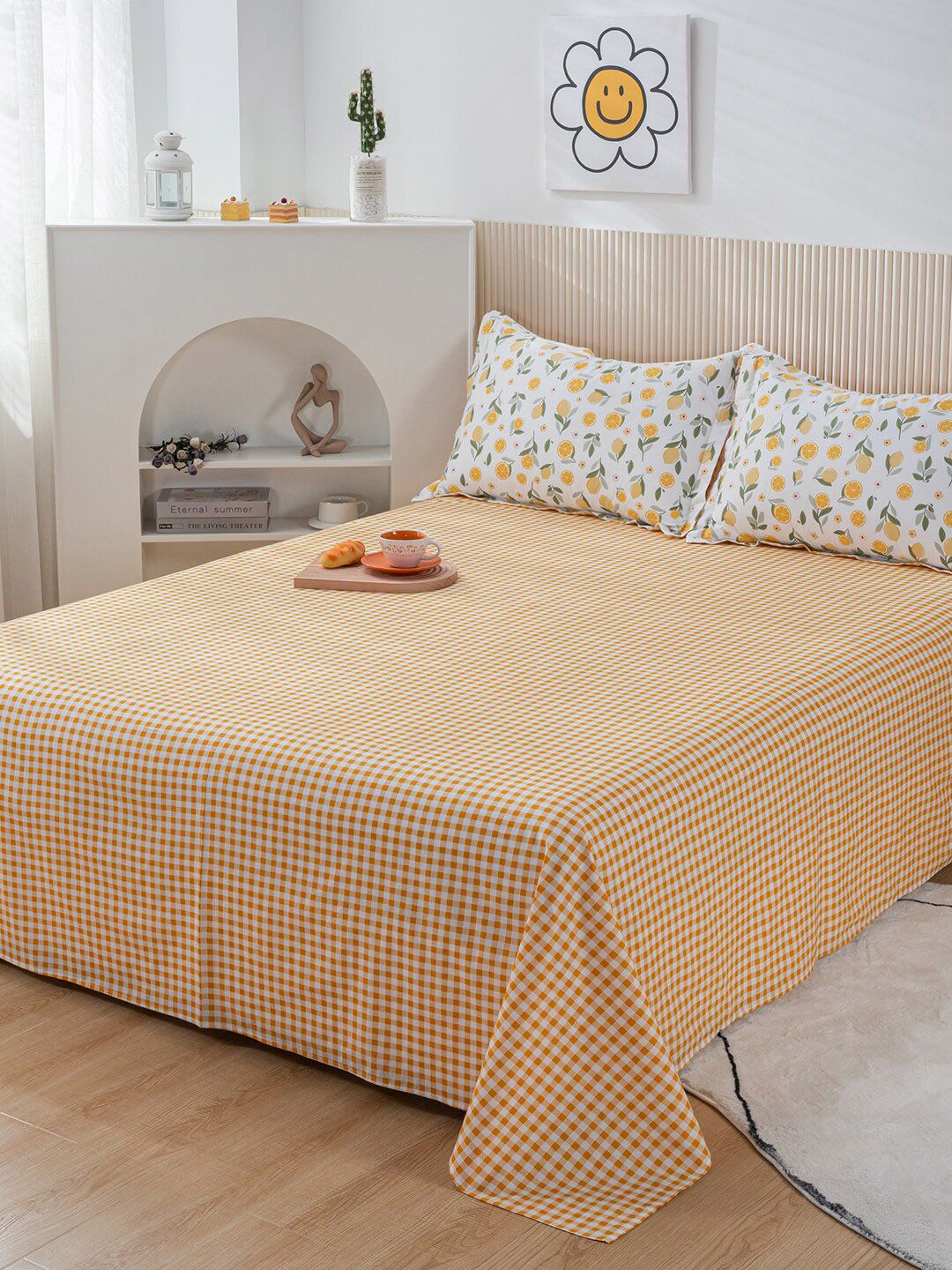 JC Collection White & Orange Printed Pure Cotton Bedding Set Price in India