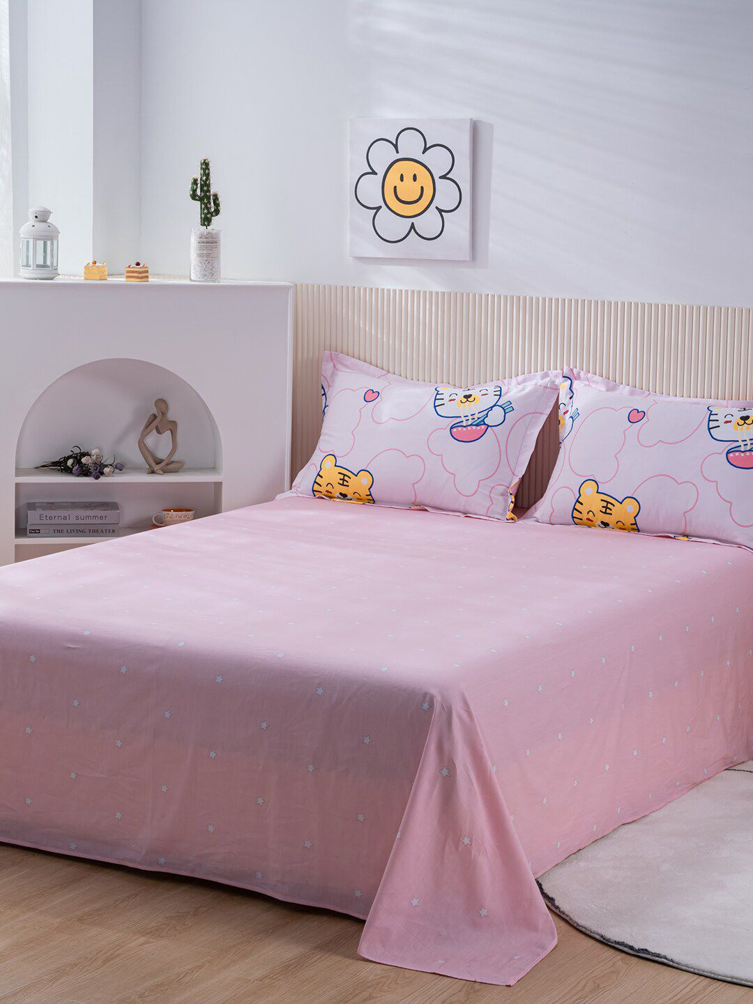 JC Collection Pink & White Printed Pure Cotton Double King Bedding Set Price in India